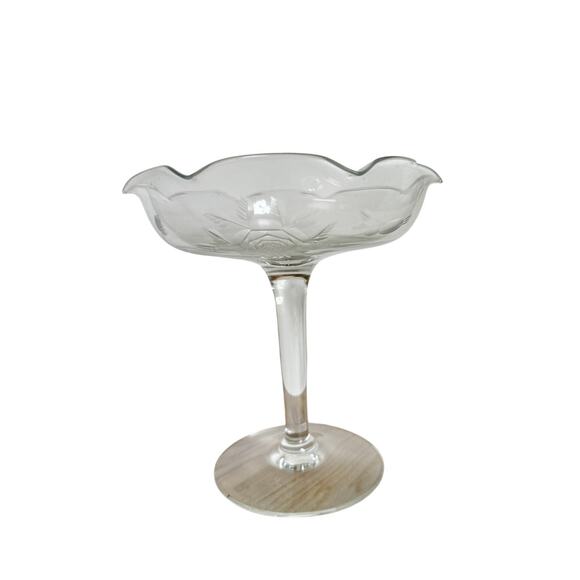 VINTAGE Glass Pedestal Candy Dish Ice Cream Bowl Ruffled Rim Rose Etch Fostoria - Picture 1 of 6